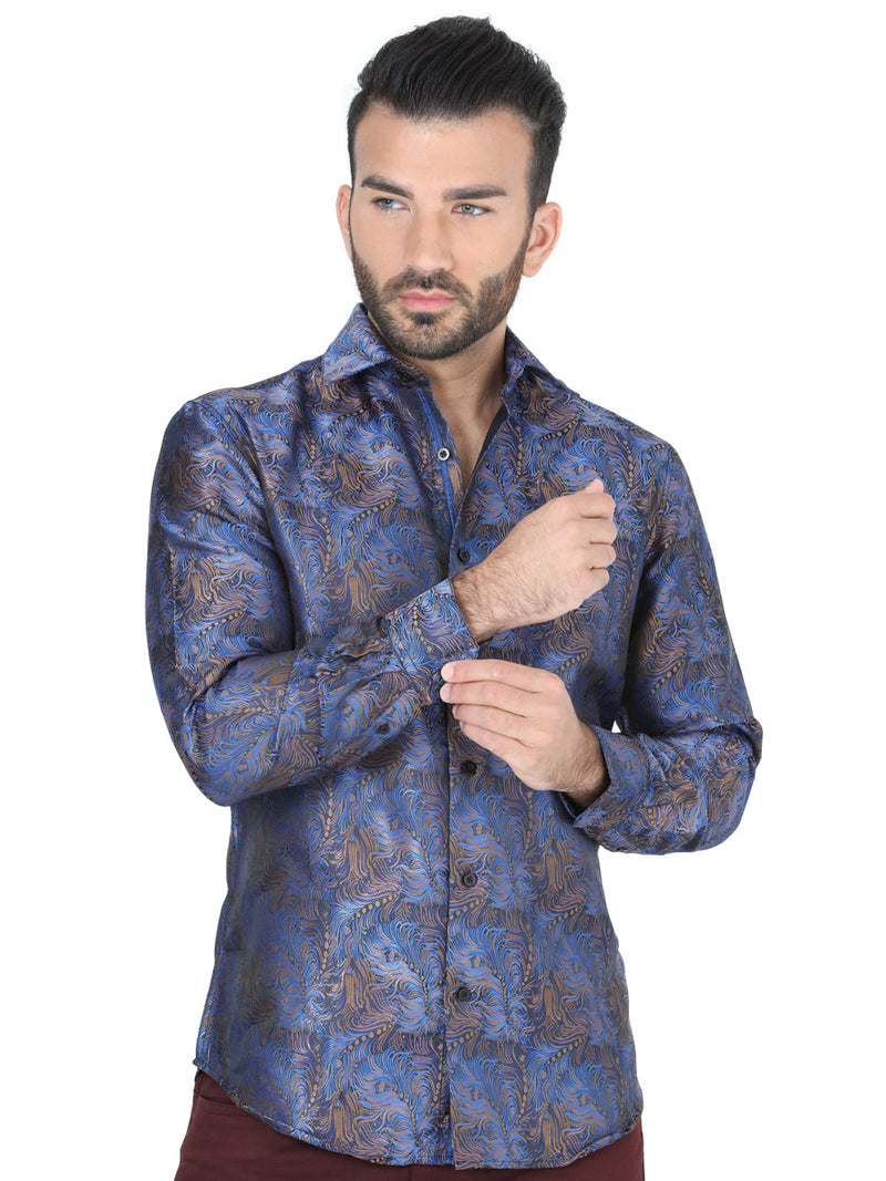 Camisa Casual M/ Larga Centenario W7712-4 100% Polyester Azul/Oro
